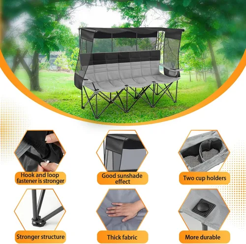 Vista 4 de Teenyyou Silla de camping para 3 personas con toldo – Silla de playa de gran tamaño con protección solar UV, sofá biplaza plegable resistente de 700