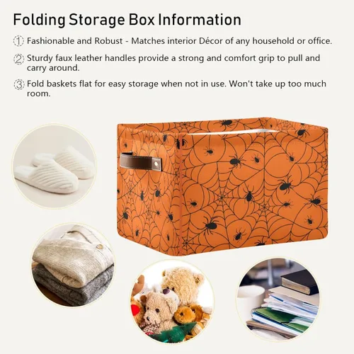 Vista 6 de ALAZA Caja de almacenamiento plegable de tela de araña de Halloween, color naranja, cesta organizadora con asas para estantes, armario, sala