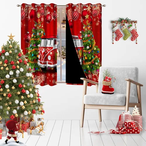Vista 2 de AWERT Cortinas de Navidad para sala de estar, Navidad tradicional temporada de invierno, árbol de Navidad, juego de 2 paneles de cortinas opacas
