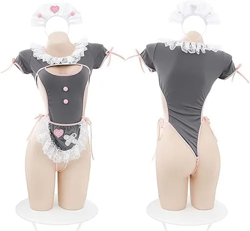 Vista 6 de SNOMYRS Maid Outfit Anime Cosplay Costume Japanese Sweet Apron Fancy Kawaii Lace Up One Piece Lingerie Bodysuit