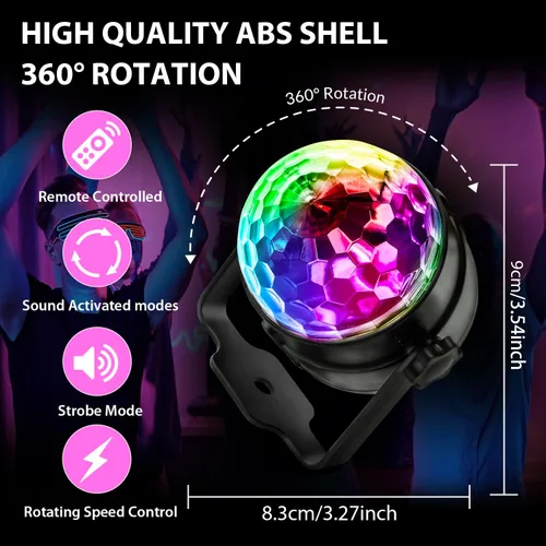 Vista 7 de Luces de fiesta de bola de discoteca para DJ, activadas por sonido, con control remoto, lámpara estroboscópica, 7 modos, luz de escenario