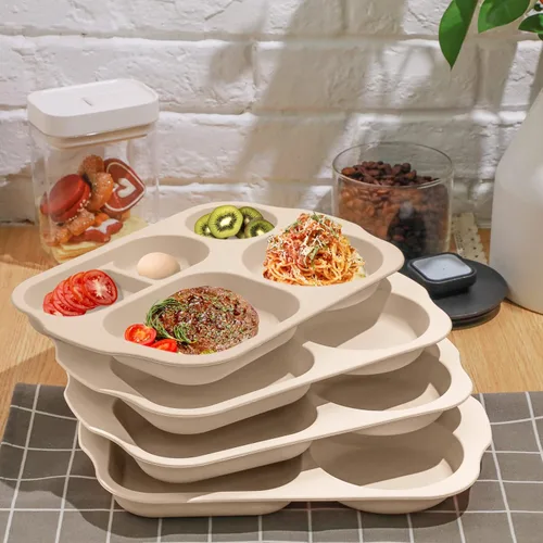 Vista 3 de Tanlade - 8 platos divididos irrompibles grandes de 12 pulgadas para adultos, bandeja de comida de paja de trigo de 5 compartimentos, bandeja