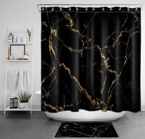 Vista 12 de Cortina de ducha de mármol negro y dorado, con citas divertidas Fuck It Get Naked de arte abstracto de mármol para baño, 60 x 72 pulgadas, tela