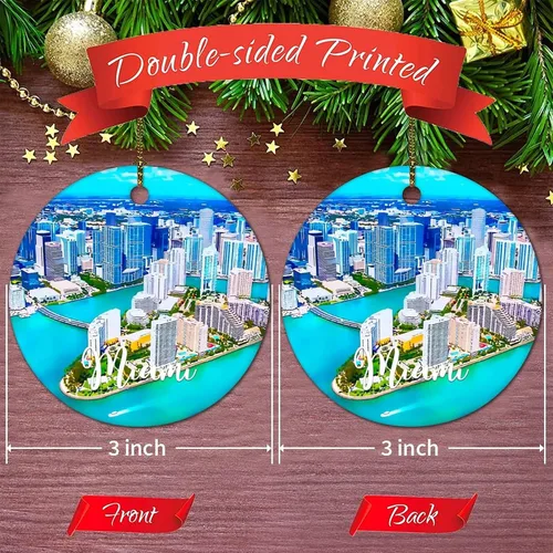 Vista 3 de America Miami Cityscape - Adorno de Navidad de cerámica con dos caras impreso, 3 pulgadas, divertido círculo de cerámica de Navidad para Año Nuevo
