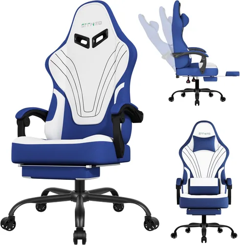 Vista 13 de Silla de juegos, sillas de juegos grandes y altas para adultos con reposapiés y soporte lumbar, cómoda silla de computadora de tela ergonómica