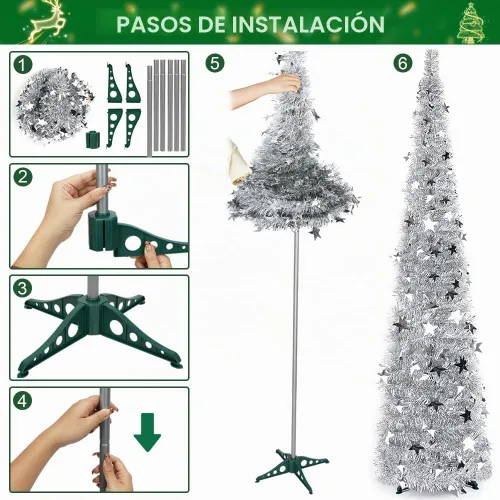 Vista 4 de 6FT Silver Pop up Christmas Tree, Collapsible Christmas Tree Árbol de Navidad de oropel de lentejuelas brillantes, árbol de Navidad artificial fácil