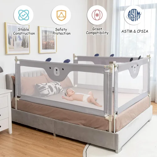 Vista 2 de BABY JOY Riel de cama para niños pequeños, 69 pulgadas, extra largo, altura ajustable y plegable, protector de riel de cama de bebé con malla Gris