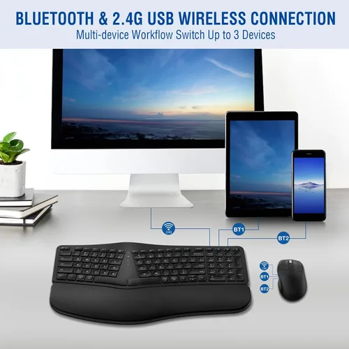 Vista 3 de MK960 Combo de Teclado y Ratón Inalámbrico Ergonómico, Teclado de Diseño Dividido Bluetooth/2.4G con Reposamuñecas y Ratón Inalámbrico Ajustable