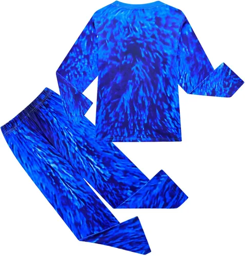 Vista 2 de Ubeufun Disfraz de Halloween para niños, conjunto de camiseta azul y pantalón con máscara y guantes, trajes de cosplay de Halloween para niños
