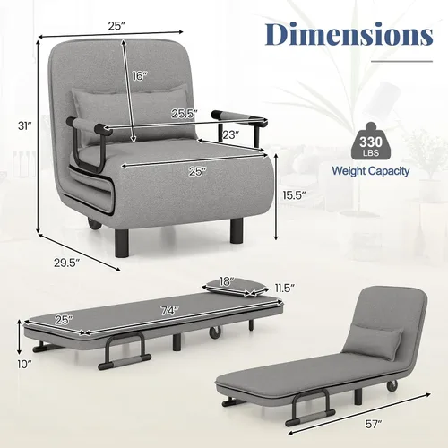 Vista 10 de GIANTEX - Sofá cama convertible 3 en 1 con respaldo ajustable de 5 posiciones, ruedas, 2 patas, tumbona reclinable con almohada, sillones