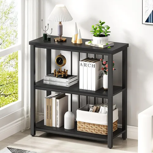Vista 3 de FOLUBAN Estantería, Librero Moderno de 3 Niveles, Estantes de Libros de Madera y Metal para Sala de Estar, Oficina, Dormitorio, Roble Negro Rústico