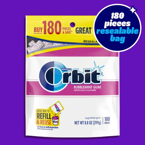Vista 4 de ORBIT Goma de mascar Bubblemint sin azúcar a granel, bolsa resellable de 180 piezas, goma de mascar a granel Bubblemint sugar free gum in a