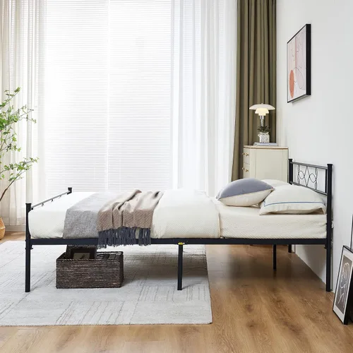 Vista 7 de VECELO Base de cama de tamaño matrimonial con plataforma de metal, base de colchón con cabecero, soporte de listones de acero, no necesita somier