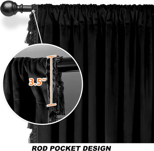 Vista 6 de Fazhesici Cortinas opacas de terciopelo negro de 63 pulgadas de largo para ventanas, cortinas con bolsillo para barra con borlas, cortinas térmicas