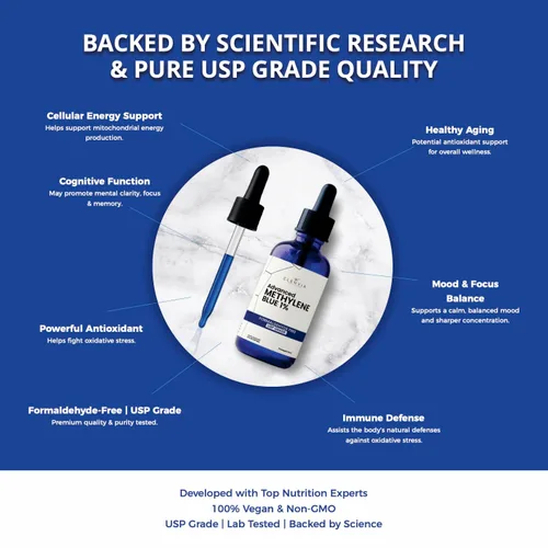 Vista 2 de Azul de metileno grado farmacéutico 2 oz – Solución de grado USP 1% Probado por terceros Suplemento de salud cerebral para hombres y mujeres