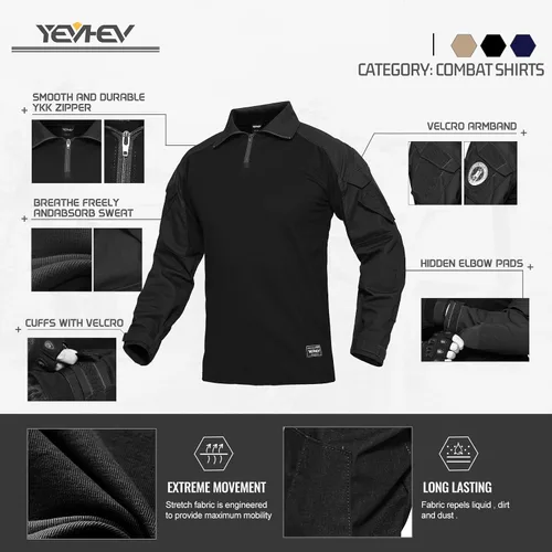 Vista 2 de YEVHEV Conjunto de ropa militar de combate G3, ropa táctica de camuflaje, uniforme de caza, equipo de paintball con rodilleras para hombres Negro