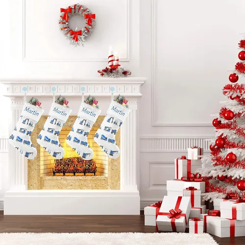 Vista 2 de Medias de Navidad para camión volquete personalizadas, color azul, bolsa de dulces con nombre para decoración de fiestas familiares, regalo de 17.52