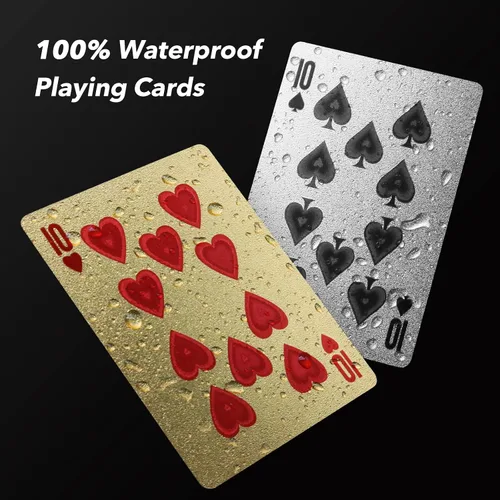 Vista 4 de INTEGEAR 2 barajas de cartas de juego, tarjetas de póquer con estampado 3D dorado en relieve de plástico PET impermeable cartas de juego de trucos