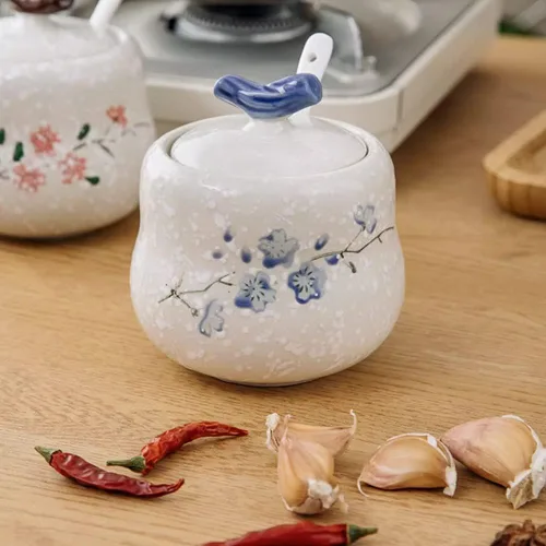 Vista 4 de 2 tarros de cerámica retro para condimentos, 13.5 onzas, de porcelana, para condimentos, azucareros, con tapas, cucharas y bandeja de madera para 2