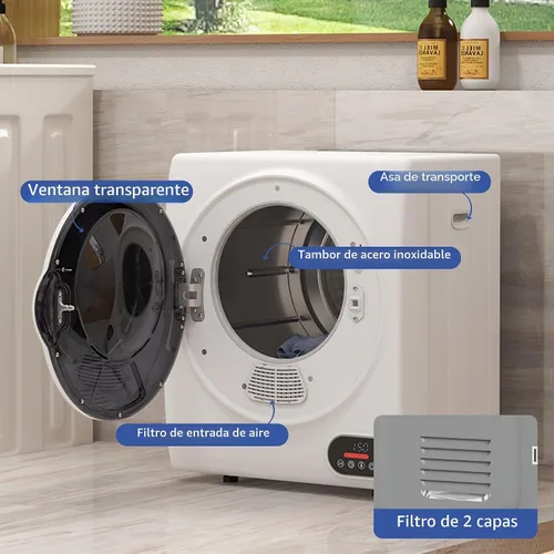 Vista 4 de HOMCOM Secadora de ropa portátil, secadora de ropa compacta con tambor de acero inoxidable de 1.5 pies cúbicos, secado inteligente, secadora