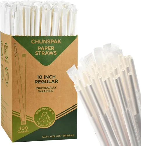 Vista 14 de Pajitas de papel desechables envueltas individualmente de 7.75 x 0.24 pulgadas, rayas coloridas [400 unidades] - biodegradables ecológicos