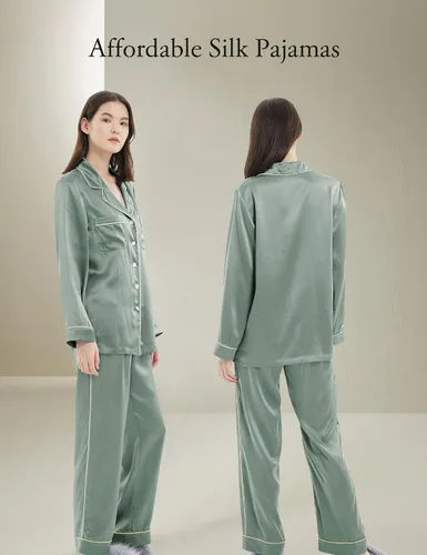 Vista 2 de LilySilk Pijama de seda para mujer, con ribete dorado, 100% seda, lavable Verde aguacate