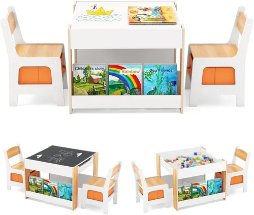 Vista 12 de HONEY JOY Mesa y sillas para niños, juego de actividades de madera 4 en 1 para niños con libreros dobles, almacenamiento, tablero desmontable