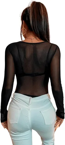 Vista 2 de Verdusa Body de malla transparente de manga larga con cuello redondo para mujer