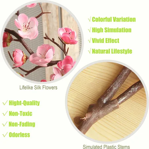 Vista 3 de 3 ramas artificiales de flor de cerezo, tallo de 37 pulgadas de largo, flor de ciruelo de seda con brotes, albaricoque japonés realista