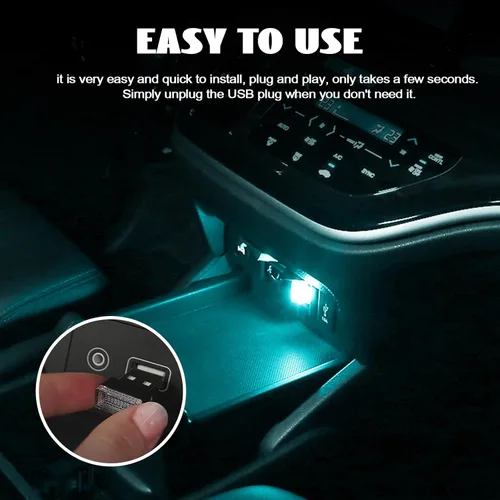 Vista 5 de NTNEV 4 lámparas LED USB para el interior del automóvil, mini luces LED USB para decoración del automóvil, kit de iluminación ambiental, interfaz