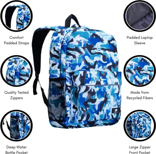 Vista 2 de Fenrici - Mochila para niñas, niños y adolescentes, mochila reciclada para laptop, de 16 x 13.5 pulgadas, L, Impresión de tiburón azul.