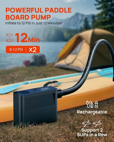 Vista 4 de Bomba de tabla de remo – Compresor de aire de 150 PSI, bomba eléctrica 4 veces más rápida con 9 modos, bomba de aire automática todo en uno