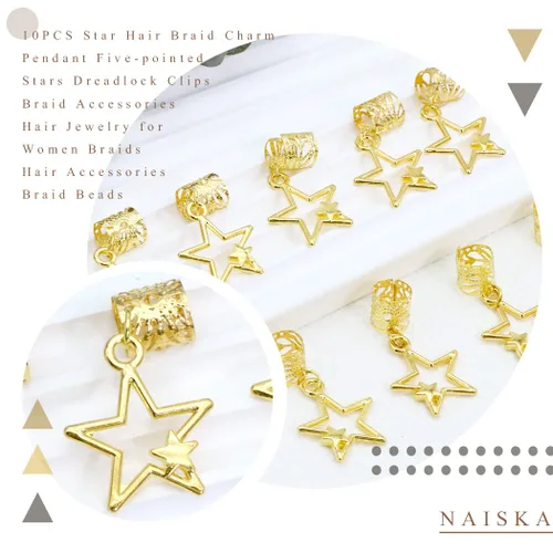Vista 5 de NAISKA 10 clips de trenza de estrella dorada, accesorios para rastas, cuentas trenzadas de cinco puntas, pinzas para el cabello, accesorios