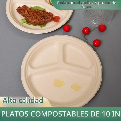 Vista 2 de Paquete de 150 platos de papel divididos redondos de 10 pulgadas, desechables, resistentes y ecológicos, platos seccionales compostables de bagazo