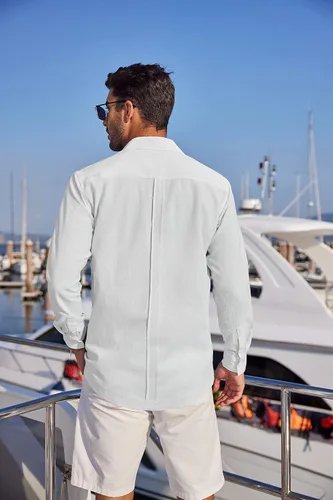 Vista 3 de COOFANDY Camisas de guayabera cubana para hombre, manga larga, casual, con botones, de algodón, para playa