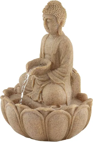 Vista 9 de Calm Buddha - Fuente de mesa de piedra de arena de 14 pulgadas de alto con luz LED de cascada para jardín, patio, escritorio, patio trasero, porche