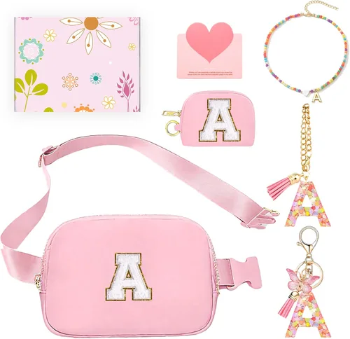Vista 57 de Regalos de moda para niñas adolescentes, cangurera con monograma para niña con llavero, collar, dijes de taza, tarjeta de felicitación y caja