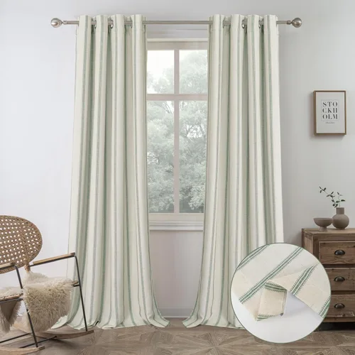 Vista 9 de DriftAway Cortinas opacas de mezcla de lino de granja de 90 pulgadas de largo para dormitorio, cortinas de lino con estampado de rayas verticales