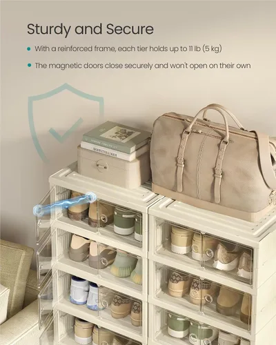 Vista 6 de SONGMICS Organizador plegable de almacenamiento de zapatos para armario, armario apilable para tenis con puerta magnética, contenedores grandes