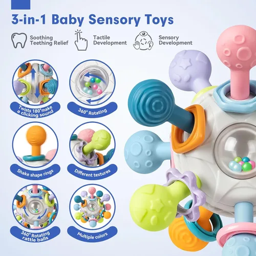 Vista 3 de Conjunto de Juguetes Sensoriales y de Dentición para Bebés, Juguetes Montessori para Bebés de 6-12 Meses, Incluye Sonajero, Mordedor para Recién