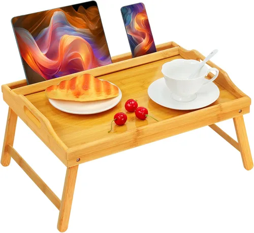 Vista 12 de Mesa Bandeja para Cama Bandejas de Desayuno Bandeja de Servir Altura Ajustable para Comer Cama de Bambú Laptop Plegable Patas con Asas y Soportes