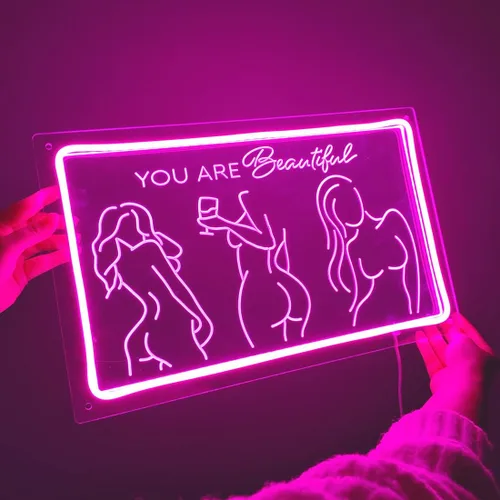 Vista 6 de Britrio Señal de neón con texto en inglés "Lady Back", decoración artística de pared de neón rosa con texto en inglés «You Are Beautiful», luz