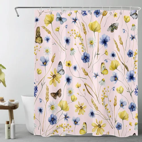 Vista 11 de EOBTAIN Nature - Cortina de ducha con flores silvestres para baño, cortina de ducha amarilla floral y mariposa sobre negro, con 10 ganchos, juego