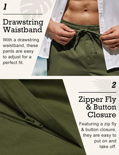 Vista 4 de COOFANDY Pantalones casuales de lino para hombre, cintura elástica, con cordón, pantalones de verano para playa y verano, pantalones de lino ligeros