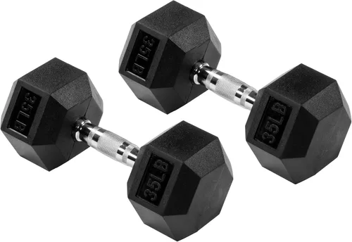 Vista 2 de Fitvids Mancuerna hexagonal con revestimiento de goma, 35 libras, par de 35 libras, color negro
