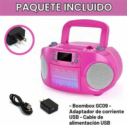 Vista 5 de hPlay GC09 Kids Boombox, reproductor de CD, conectividad Bluetooth para smartphones, AUX, USB, radio y MP3, función de cantar junto, adaptador