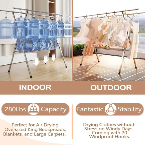 Vista 9 de JAUREE Tendedero de secado de ropa de 2 niveles, resistente para interiores y exteriores, de acero inoxidable, con 20 ganchos resistentes al viento