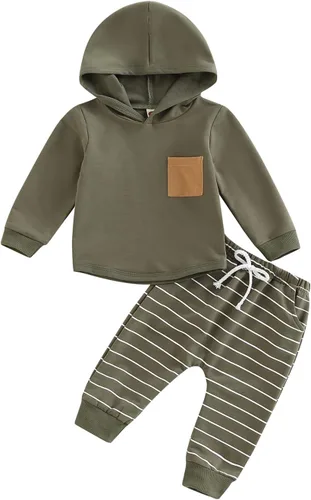 Vista 98 de Ropa de bebé niño 3 6 9 12 18 24M 3T Conjunto de pantalones con capucha patchwork sudadera con capucha pantalones de rayas traje de otoño invierno