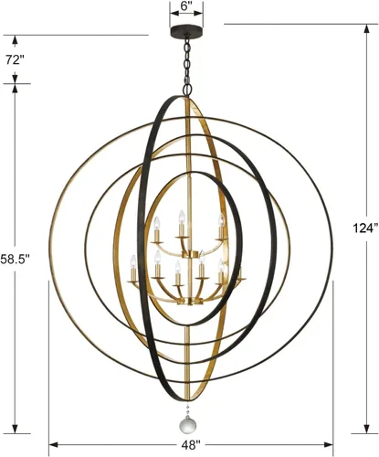 Vista 4 de Crystorama Luna - Candelabro de bronce inglés y oro antiguo con 9 luces, lámpara de techo - Candelabros para pasillo, sala de estar, vestíbulo