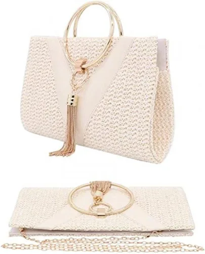 Vista 3 de Bolso de mano de paja para mujer, elegante bolso de mano de verano para playa, borlas con asa superior con cadena